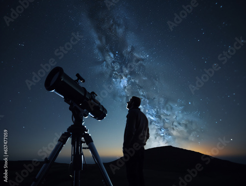 Leinwand Poster Astronomer observing the night sky through a telescope