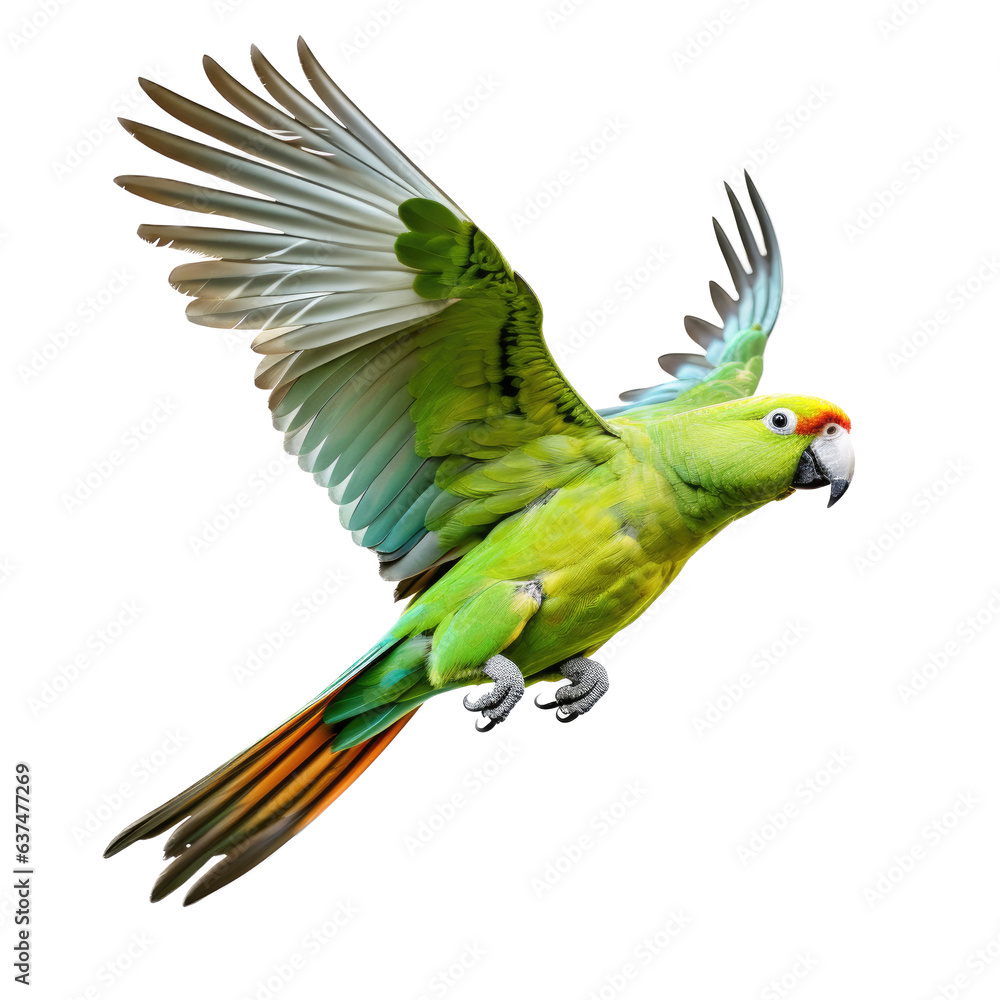Fototapeta premium a amazon parrot in-flight in a Nature-themed, illustration in a PNG, cutout, and isolated. Generative ai