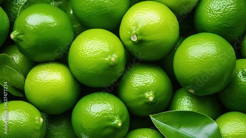  a pile of green lemons with a leaf on top.  generative ai