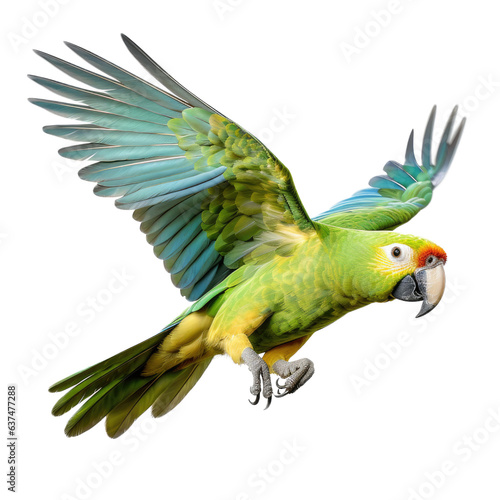 a amazon parrot in-flight in a Nature-themed  illustration in a PNG  cutout  and isolated. Generative ai