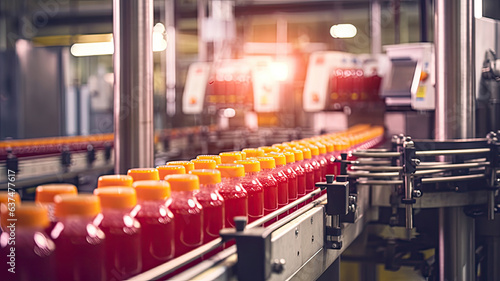Bottling juice line at the plant. Conveyor belt, juice in bottles, industrial production line.
