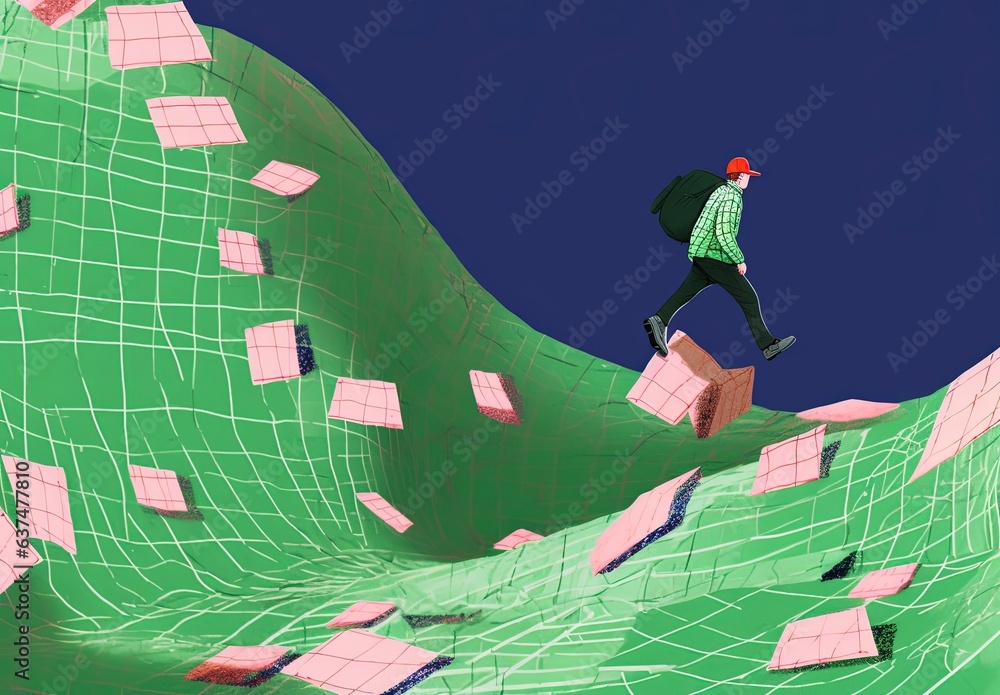 A person next to a pile of cash, bill, coins, invoices. Grunge illustration made with Generative AI 