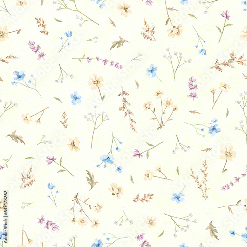 Seamless floral pattern with meadow dried flowers on green background. Watercolor hand drawn illustration sketch