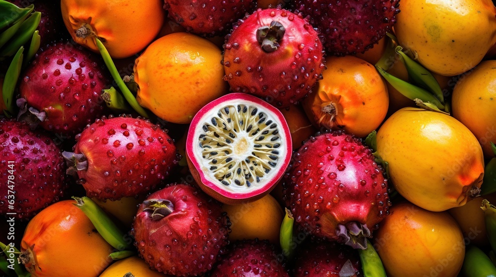  a close up of a kiwi fruit surrounded by other fruits.  generative ai
