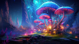 Colorful mushrooms, fantasy landscape, 3D digital art