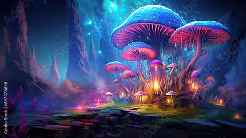 Colorful mushrooms, fantasy landscape, 3D digital art