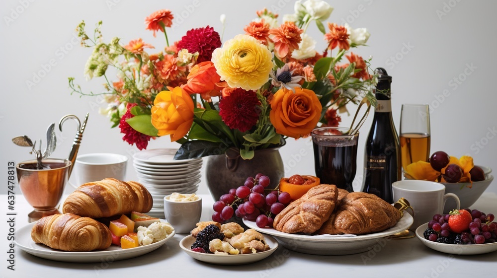 a table topped with plates of food and a vase filled with flowers. generative ai a table topped with plates of food and a vase filled with flowers. generative ai