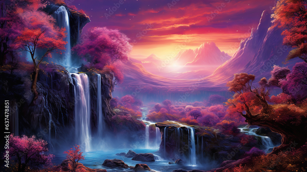 custom made wallpaper toronto digitalfantasy landscape with sunset and waterfall..Generative Ai