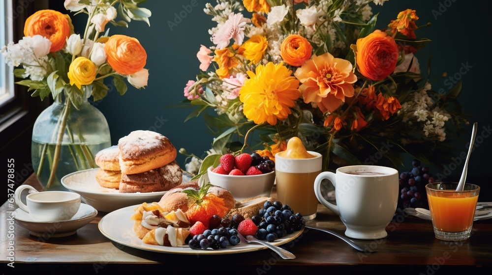 a table topped with plates of food next to a vase of flowers. generative ai a table topped with plates of food next to a vase of flowers. generative ai
