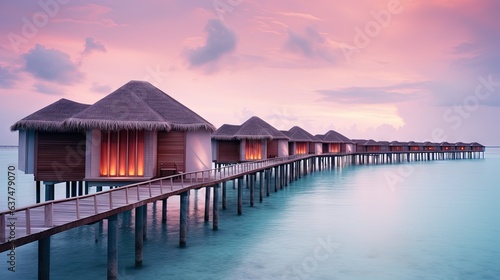  a row of huts sitting on top of a body of water.  generative ai © Anna