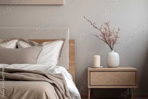 Modern house interior details. Simple cozy beige bedroom interior with bed headboard, linen bedding, bedside table and natural decorations, closeup. Ai generative