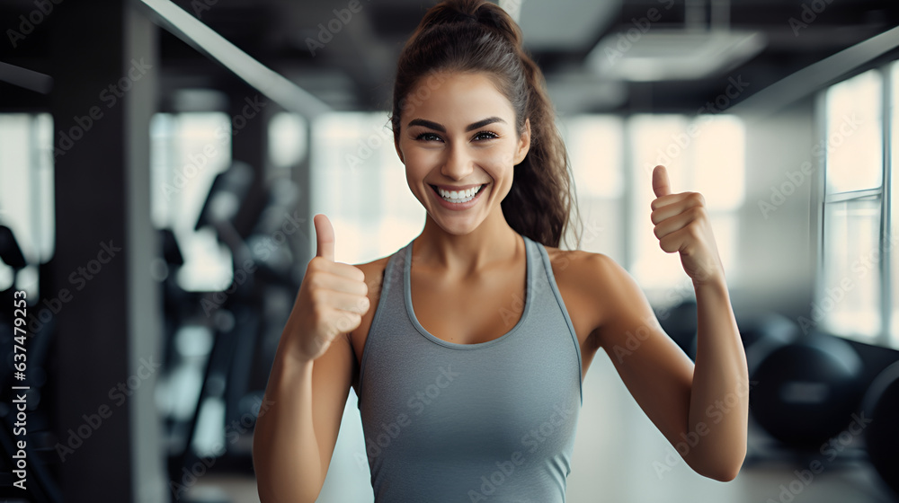 Portrait of happy athletic woman showing thumb up, smiling and looking at camera on gym background with copy space. Personal trainer. The concept of a healthy lifestyle and sports.