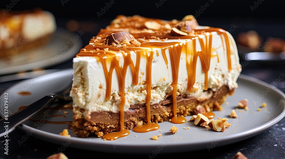 a piece of cake with caramel drizzle on top. generative ai a piece of cake with caramel drizzle on top. generative ai