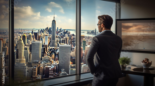 business man lookout windows to see data and city view