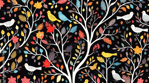 a colorful tree with birds and leaves on a black background.  generative ai
