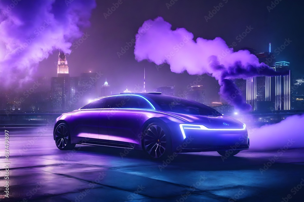 a futuristic self-driving car emitting violet smoke, placed in a sleek cityscape