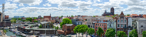 panoramic view of the city of Stralsund seen from the old harbour, Germany