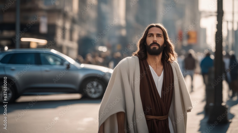 Jesus Christ in ancient robes stands busy modern city streets