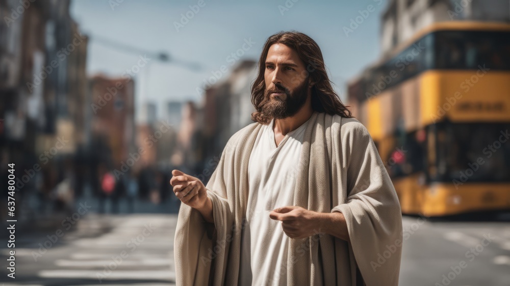 Jesus Christ stands in ancient robes in a busy city street and preaches