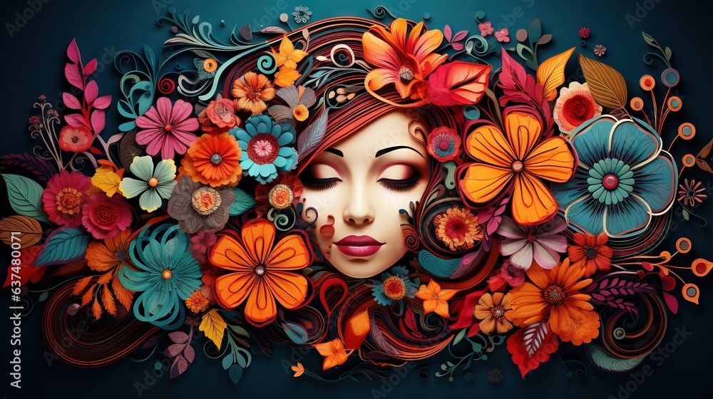  a woman's face surrounded by colorful flowers and leaves.  generative ai