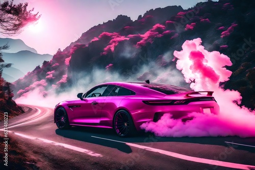 a luxury car releasing pink smoke while parked on a mountain road © Warda