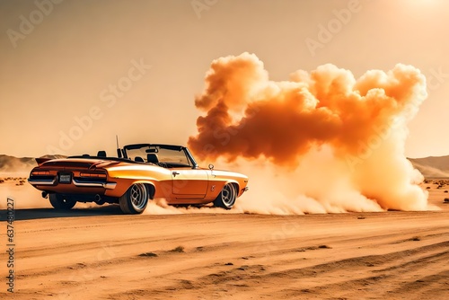 a convertible car blowing orange smoke in a desert landscape © Wardx