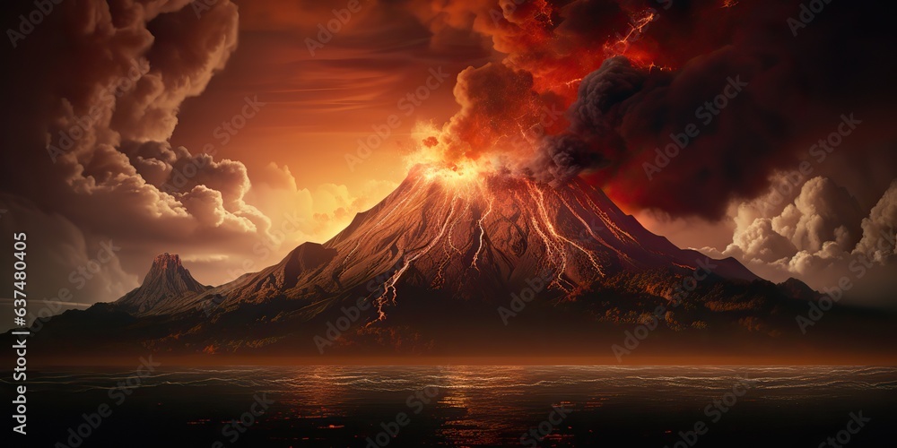 AI Generated. AI Generative. Volcano smoke fire explosion flame eruption. active outdoor nature background. Graphic Art