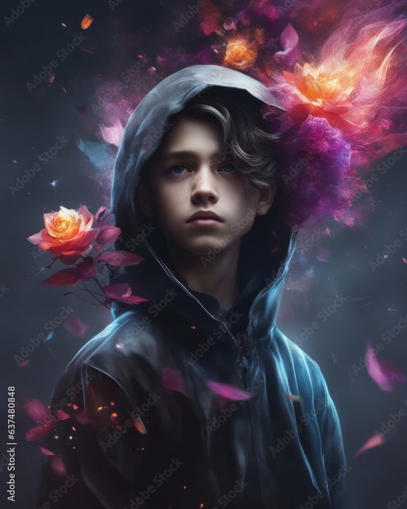 Floral painted large portrait of a hooded boy with pink flowers on a dark background