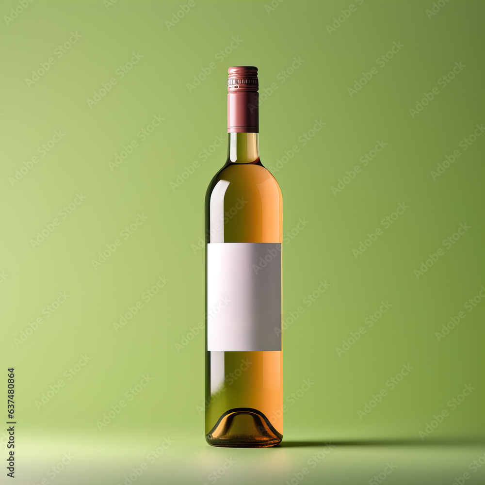 Wine bottle mockup with blank white label, bottle of white grape wine on green studio background, commercial wine label template Wine bottle mockup with blank white label, bottle of white grape wine on green studio background, commercial wine label template