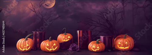 Halloween advert for web or store. Composition of boxes and pumpkins in dark, orange and purple shades. Creative layout with copy space. Poster design for shop, business, website.