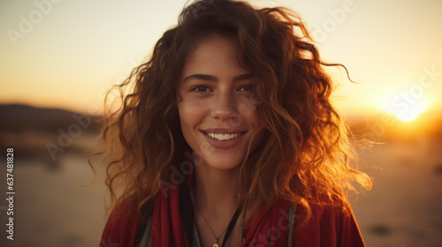 portrait of close up beautiful adult woman comb hair stylish dress smiling happiness carefree leisure relax feeling outdoor sunset golden hours sun light photoshoot nature concept,ai generate © VERTEX SPACE
