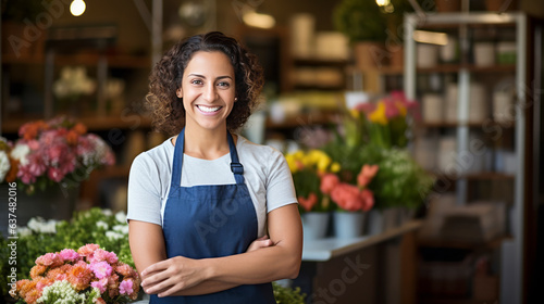 young adult woman sales flowers in flower shop. Happy smiling mature florist woman having eyeglasses and working at flower shop,ai generate © VERTEX SPACE
