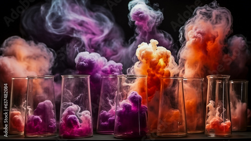 Lab glass, conical flasks with purple and red thick smoke. Magic tricks.