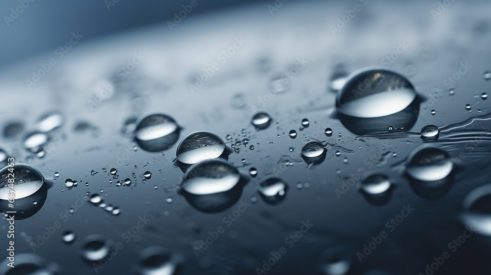 Water drops on a metal surface. Shallow depth of field.