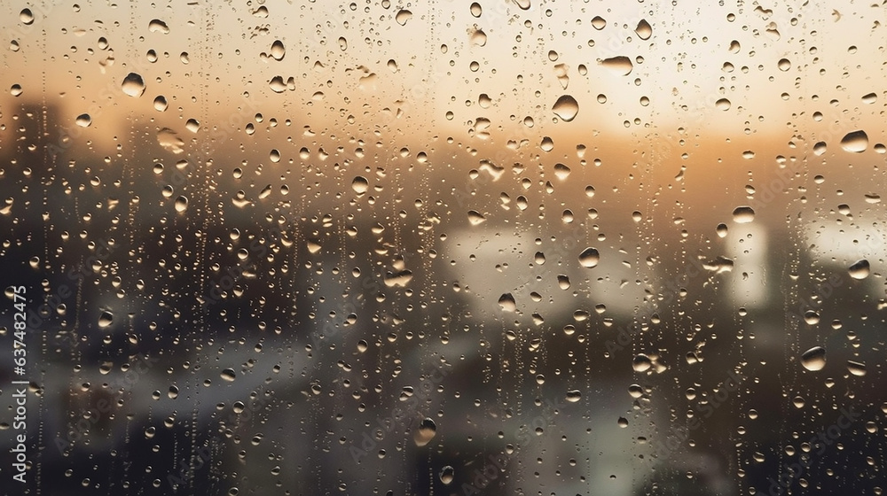 Rain drops on window glass with cityscape background. Rainy weather