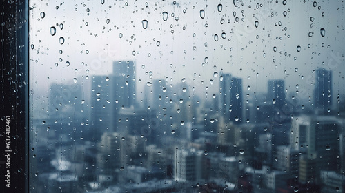 Rain drops on window glass with cityscape background. Rainy weather