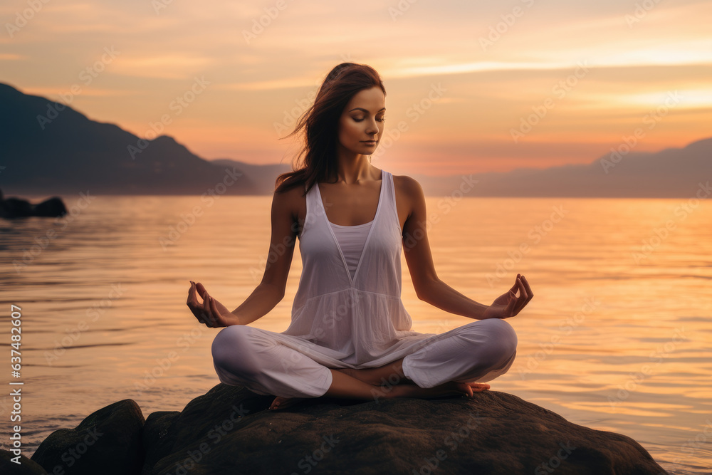 Woman sitting on the rock and meditates