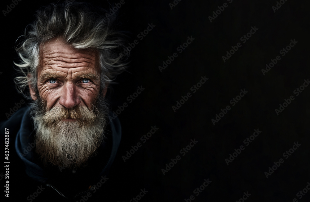 Close up portrait of elderly man with grey beard, moustache and hear,  isolated on black background. Copy space great for quotes and messages.