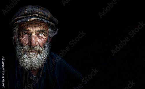 Close up portrait of elderly man with grey beard, moustache and hear, wearing a hat, isolated on black. Copy space great for quotes and messages.