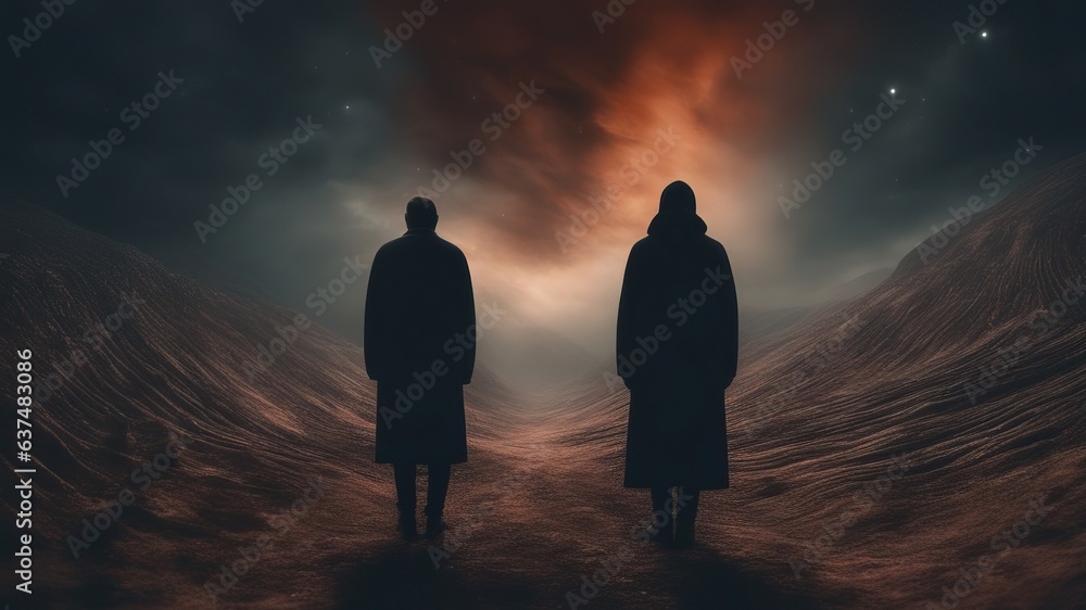 Silhouettes of two men standing at night in a deserted area with a starry sky, stalking dream