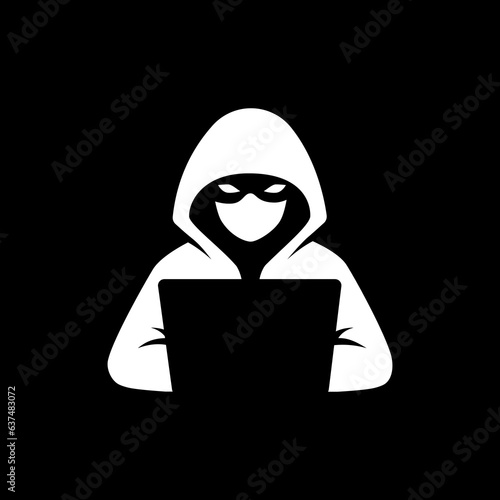 White hacker logo on black background. Vector illustration.