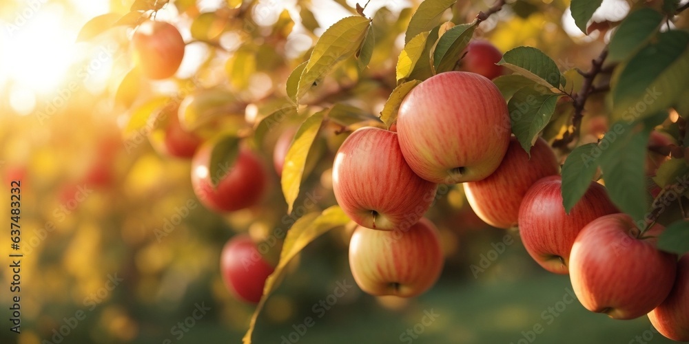 Apple trees with ripe fruits. Bloomy apple garden.	 - obrazy, fototapety, plakaty 