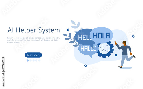 AI support illustration. characters are looking at languages translation system with AI support. AI support service system concept. vector illustration.