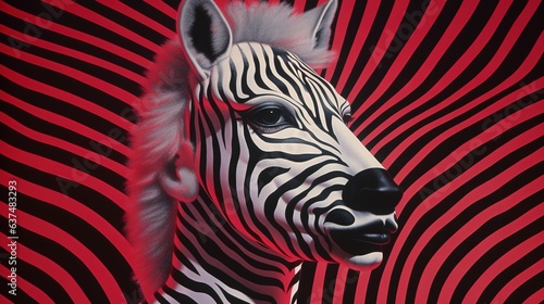  a painting of a zebra's head with a red background. generative ai