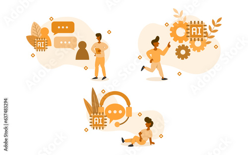 AI auto contract illustration set. characters are looking at chatting  calling  maintenance system with AI supporter. AI support services concept. vector illustration.