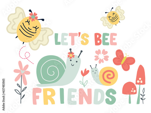 DOODLE SNAIL BUTTERFLY  BEES FRIENDS BOTANICAL GARDEN GRAPHIC FOR TEE SHIRTS AND TOPS DESIGNED FOR BABY GIRLS INFANT GIRLS AND TODDDLER GIRLS VECTOR ILLUSTRATION