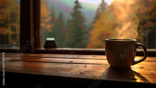 Morning Bliss: Smoking Coffee Mug in Mountain Cabin