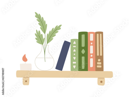 A shelf with books, a candle and a vase with abstract flowers with leaves. Home decor, interior. Books with a pattern on the covers. Vector illustration in trending flat style isolated on white.