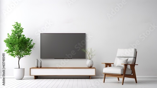 Create a 3D image of a contemporary minimalist interior with a wall mounted TV and armchair, rendered in white.