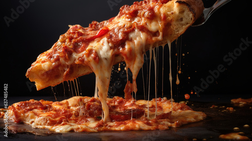 A slice of pizza with melted cheese dripping from it. Generative Ai